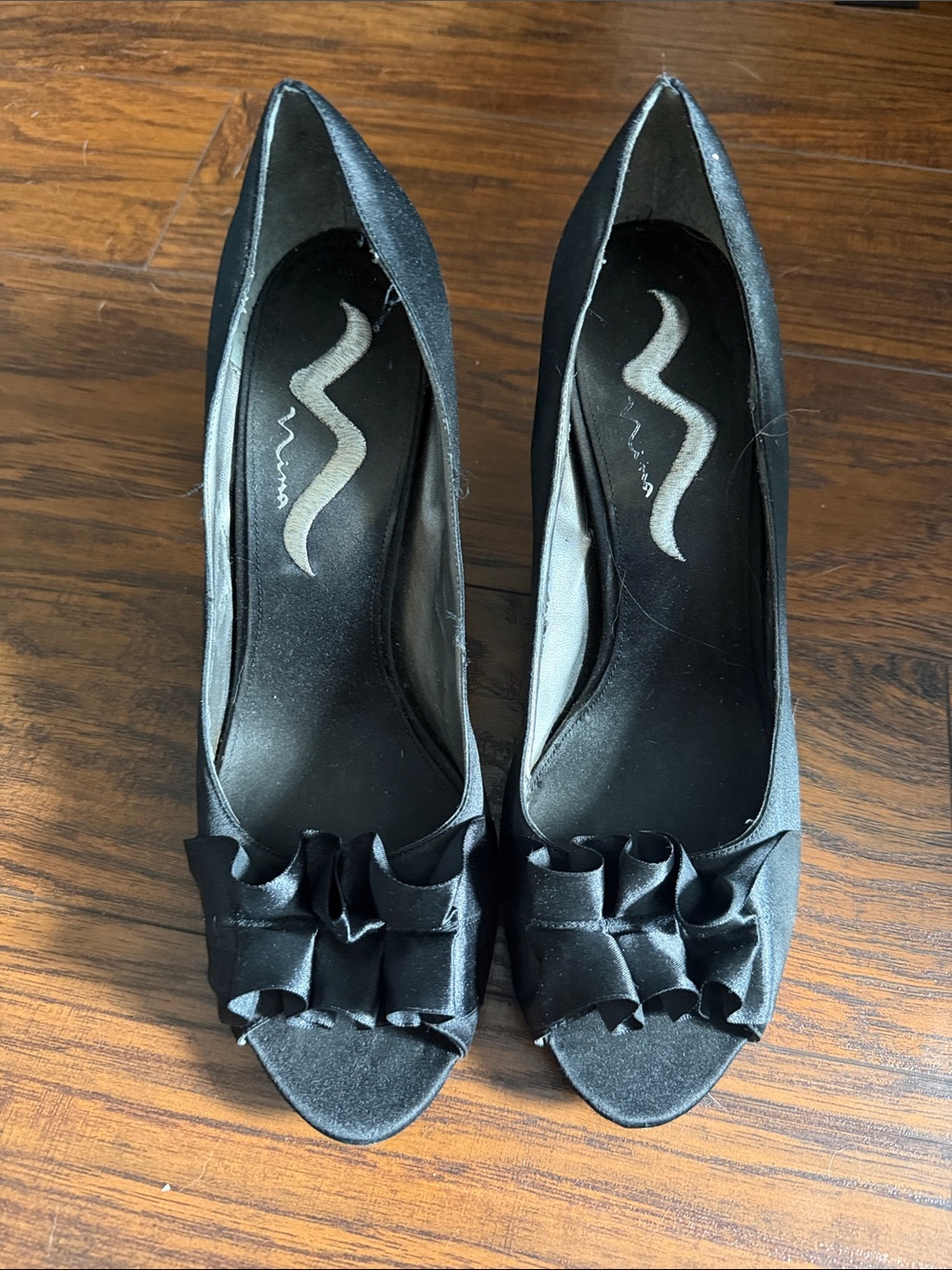 Nina Shoes Black Satin Peep-Toe Ruffle Pumps